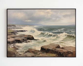 Rough Sea Print, Dramatic Coastal Painting, Vintage Nautical Art (Digital Download)