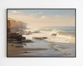 Vintage Seascape Painting, Muted Coastal Print (Digital Download)