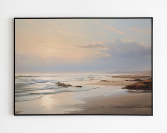 Coastal Sunset Painting, Vintage Seascape Art Print (Digital Download)