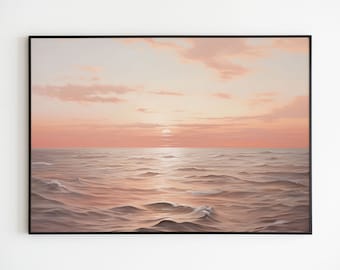 Sunset Seascape Oil Painting, Neutral Beach House Art (Digital Download)