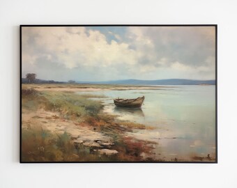 Vintage Rowboat Landscape Painting, Lake House Decor (Digital Decor)