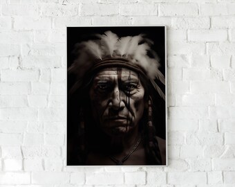 Native American Portrait Print, Black and White, Historical Art (Digital Download)