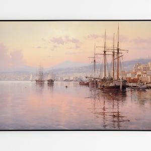 Ships In Harbour, Antique Printable Wall Art, Neutral Seascape, Soft Coastal Landscape Vintage Oil Painting, Summer Setting Digital Download