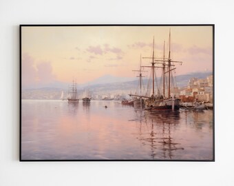 Harbour Scene Antique Painting, Coastal Seascape Art (Digital Download)