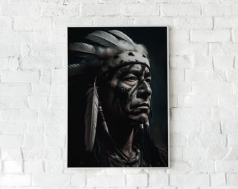 Native American Portrait Print, Black and White, Historical Decor (Digital Download)
