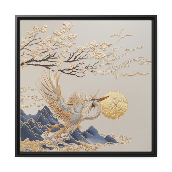 Embroidery Tales: Heron (Matte Canvas, Black Frame) - Premium Wall Art