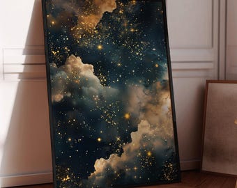 Impresión de cielo nocturno melancólico, estrellas doradas, decoración de Dark Academia