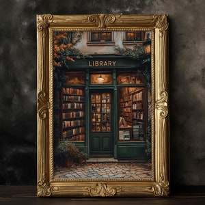 Vintage Style Buchladen Gemälde | Bibliothek Druck | Buch-Liebhaber-Geschenk-Wand-Kunst | Bibliothekar Buch Nerd Illustration | Dark Academia Dekor