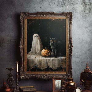 Ghost Painting, Whimsigoth Decor, Digital Top Sellers, Spooky Black Cat Print, Moody Halloween Print, Halloween Painting, Rustic Decor