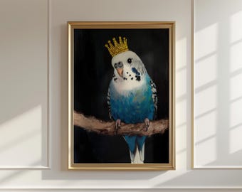 堂々としたセキセイインコのポートレートキャンバスアート、金色の王冠
