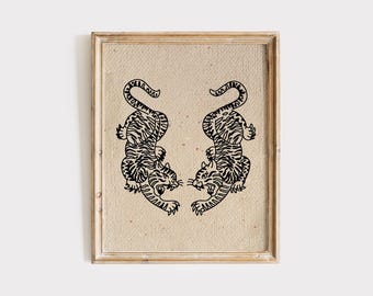 Two Tigers Japanese Art Print | Vintage Minimalist Wall Art (Digital Download)
