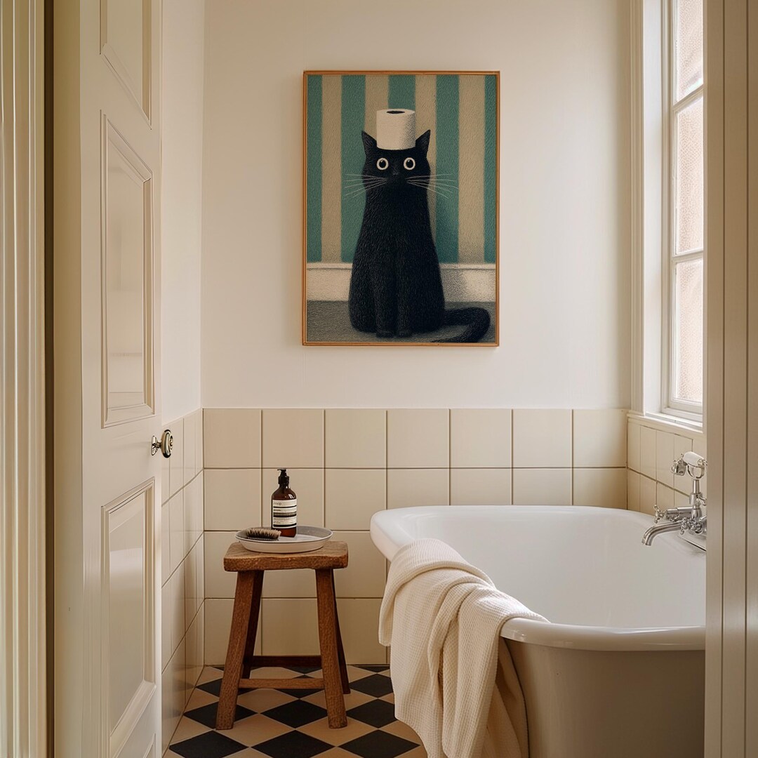 Black Cat Bathroom Wall Art Print, Funny Toilet Paper Cat Illustration ...