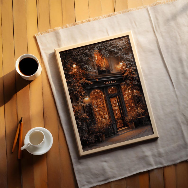 May include: A framed print of a library storefront with the word "LIBRARY" above the entrance. The print is on a wooden table with a cup of coffee, a teacup, and pencils. The library is lit with warm lights.