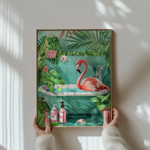 Flamingo Restroom Sign, Animal Fun Bathroom Decor, Flamingo Print, Maximalist Animal Bathtub Wall Art, Flamingo Watercolor Art Digital