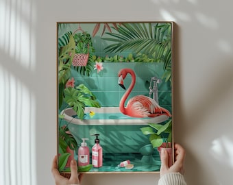 Flamingo Badkarstryck, Tropisk Badrumsdekor, Djurkonst (Digital Nedladdning)
