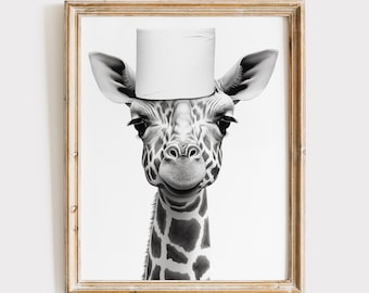 Funny Giraffe Bathroom Poster | Black and White Animal Art (Digital Download)