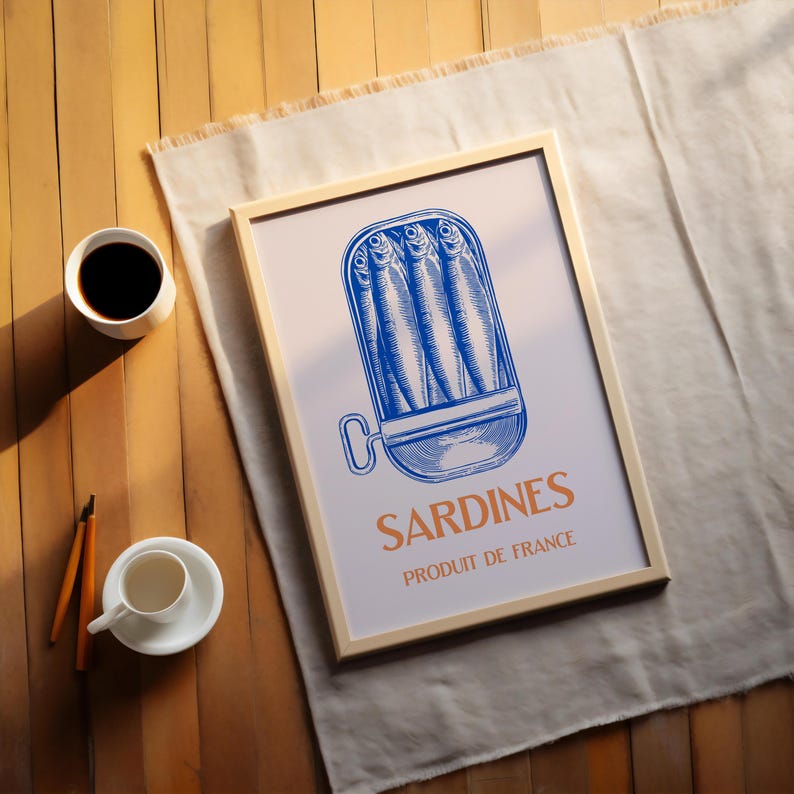 Vintage Sardines Wall Art, French Kitchen Poster, Retro Food Illustration, Blue Nautical Pantry Decor (Digital Download) image 6