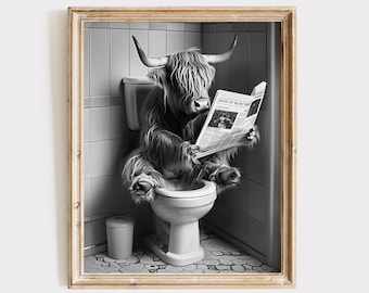 Highland Cow Bathroom Wall Art Printable, Funny Cow on Toilet Print, Black and White Farm Animal Digital Download