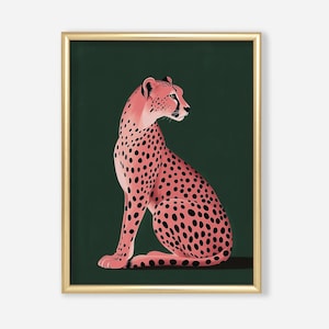 Kunstdruck rosa Gepard auf Grün | Smaragdgrün Moderne Kunst | Kunstdruck | Zeitgenössische Kunst Maximalist Style Home | Dunkelgrüne Wandkunst