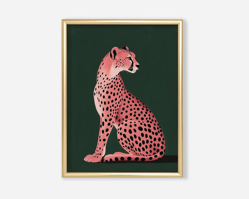 Pink Cheetah on Green Art Print | Emerald Green Modern Art | Animal Art Print | Contemporary Art Maximalist Style Home | Dark Green Wall Art