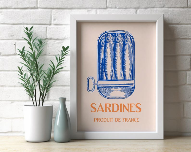 Tinned Sardines Digital Art Print | Retro Wall Art | Sardine Poster | Kitchen Decor | Foodie Gifts | Tinned Fish Art | Trendy Food Poster