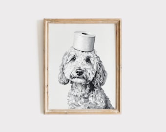 May include: A black and white painting of a dog wearing a toilet paper roll as a hat. The dog is a poodle with fluffy white fur and a black nose.