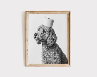May include: A black and white drawing of a dog wearing a toilet paper roll as a hat.