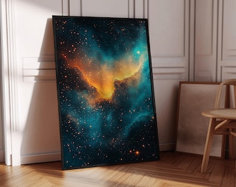 May include: A framed art print featuring a vibrant depiction of a nebula. The artwork showcases a cosmic scene with swirling blues, oranges, and teal hues, speckled with numerous bright stars. The black frame complements the colorful space scene.