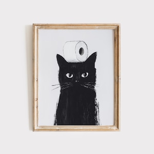 黒猫の絵画、面白いバスルーム猫のポスター、黒猫のプリント、黒猫のポスターの印刷、面白い猫のポスター、黒猫のデジタルダウンロード