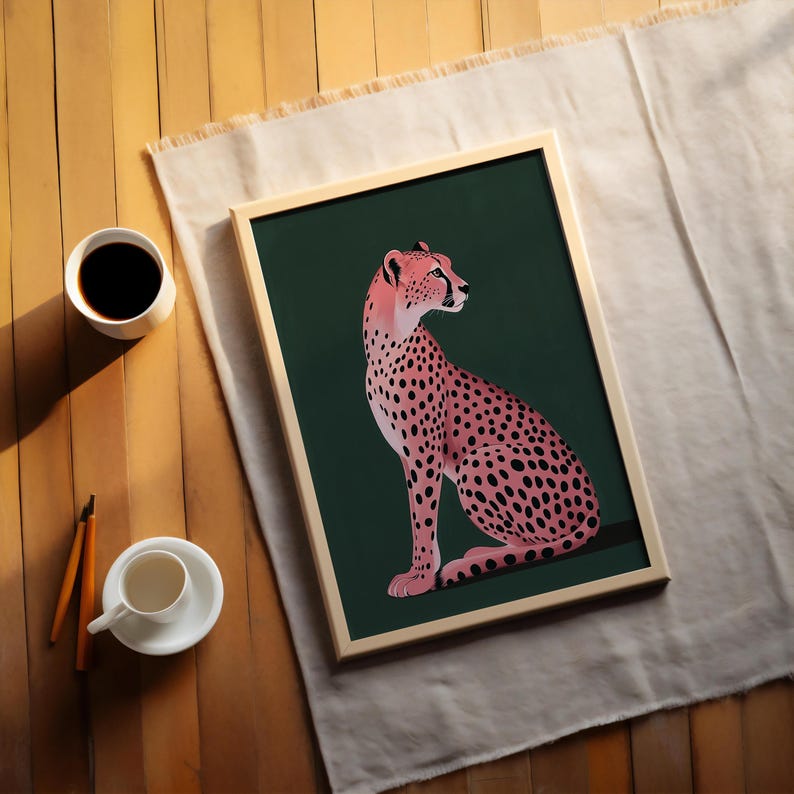 Konsttryck med rosa gepard | Grön maximalistisk heminredning (digital nedladdning) bild 9