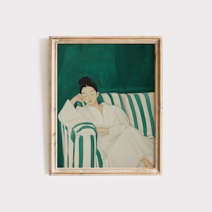 Emerald Green Abstract People Large Wall Art Contemporary Artwork Minimalist Print Living Room Wall Art Stripe Woman Print Digital Download