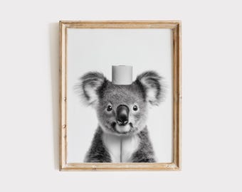 Lámina decorativa de koala para el baño / Sombrero de papel higiénico, blanco y negro (descarga digital)