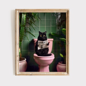 黒猫の絵画、面白いバスルーム猫のポスター、黒猫のプリント、印刷可能な猫のポスター、面白い猫のポスター、黒猫のデジタルダウンロード
