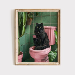 黒猫の絵画 | 面白いバスルームの壁アート | 印刷可能な黒猫の装飾 | デジタルダウンロード | 家の装飾 | バスルームの面白いアート