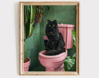 May include: A black cat sits on a pink toilet in a bathroom with green tile walls. The cat is holding a pink smartphone in its paws. There are plants in the background.