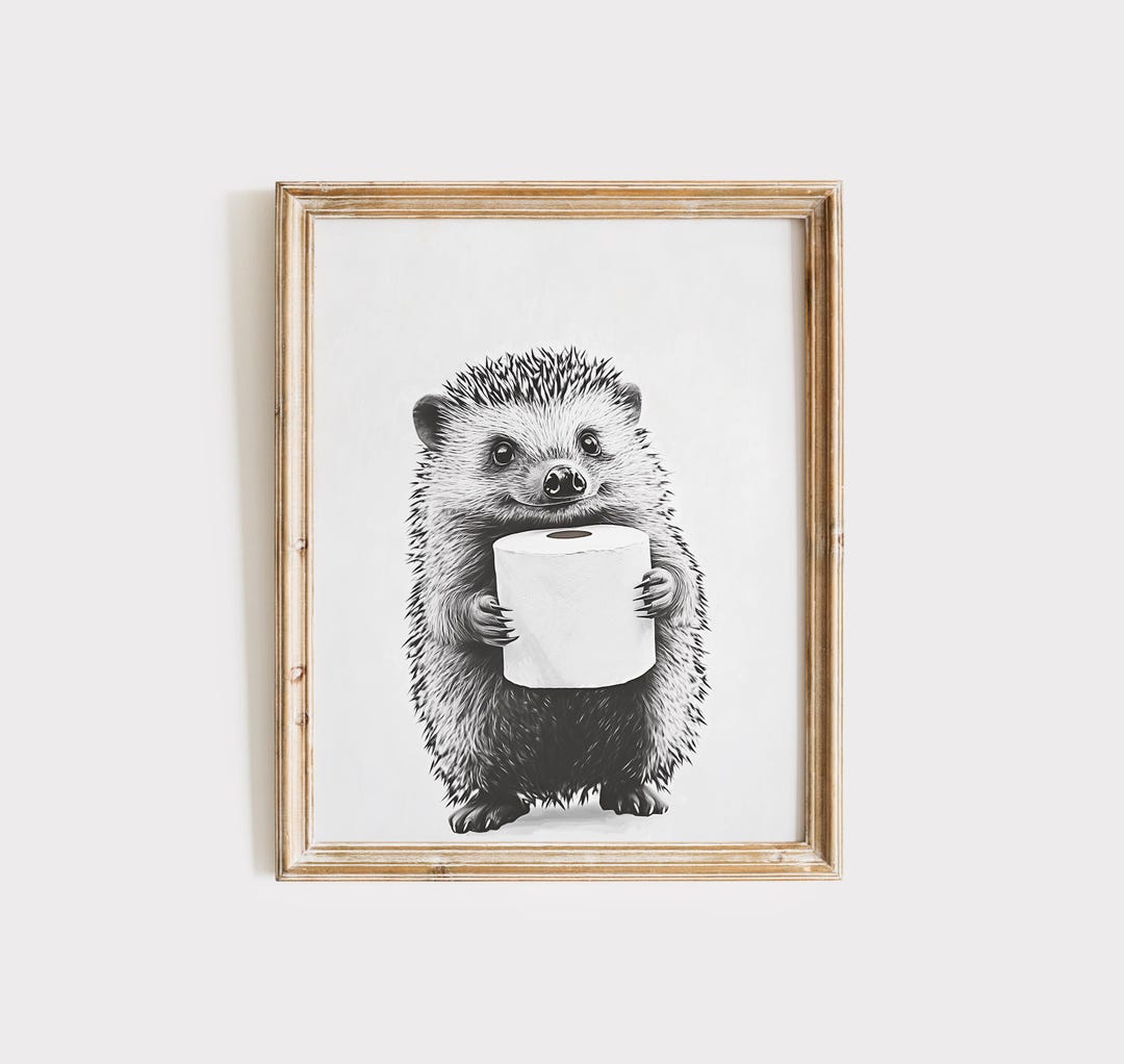 Hedgehog Bathroom Wall Art Printable, Funny Hedgehog With Toilet Paper ...