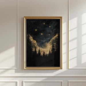 Vintage Bezaubernder Sternendruck - Celestial Star Print | Sternenklare Nacht & Nachthimmel Kunst | Himmlischer Mond Poster | Gold-Ölgemälde
