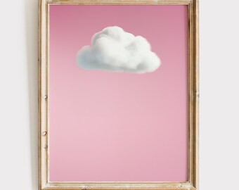 May include: A framed print of a white cloud against a pink background.