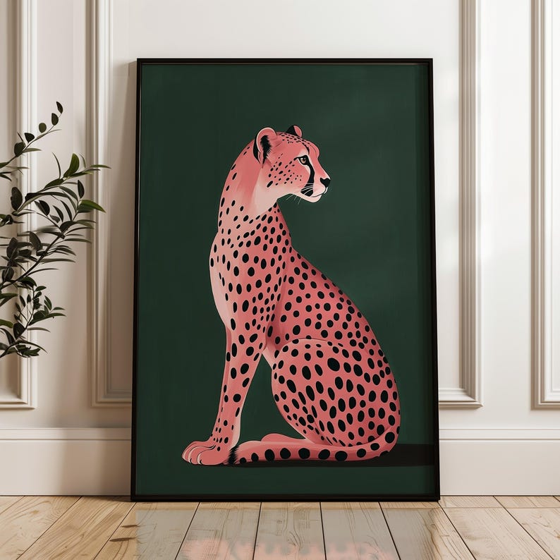Konsttryck med rosa gepard | Grön maximalistisk heminredning (digital nedladdning) bild 6