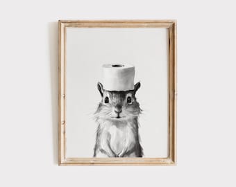 May include: A black and white illustration of a squirrel wearing a toilet roll as a hat.