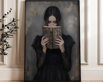 Reading Nook Digital Wall Art, Moody Book Lover Print, Gothic Woman Reading, Dark Academia Printable Art