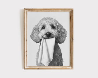 May include: Black and white illustration of a dog holding a white towel in its mouth. The dog is a poodle with curly hair and a playful expression.