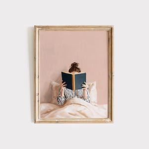 Woman Reading in Bed Poster, Book Lover Wall Art Print, Reading Nook Library Decor, Whimsical Retro Girly Poster, Cozy Bedroom Art, Bookworm