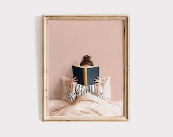 Woman Reading in Bed Art Print, Book Lover Gift (Digital Download)