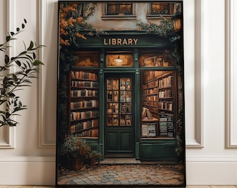 Vintage Style Bookstore Painting | Library Print | Book Lover Gift Wall Art | Librarian Book Nerd Illustration | Dark Academia Decor