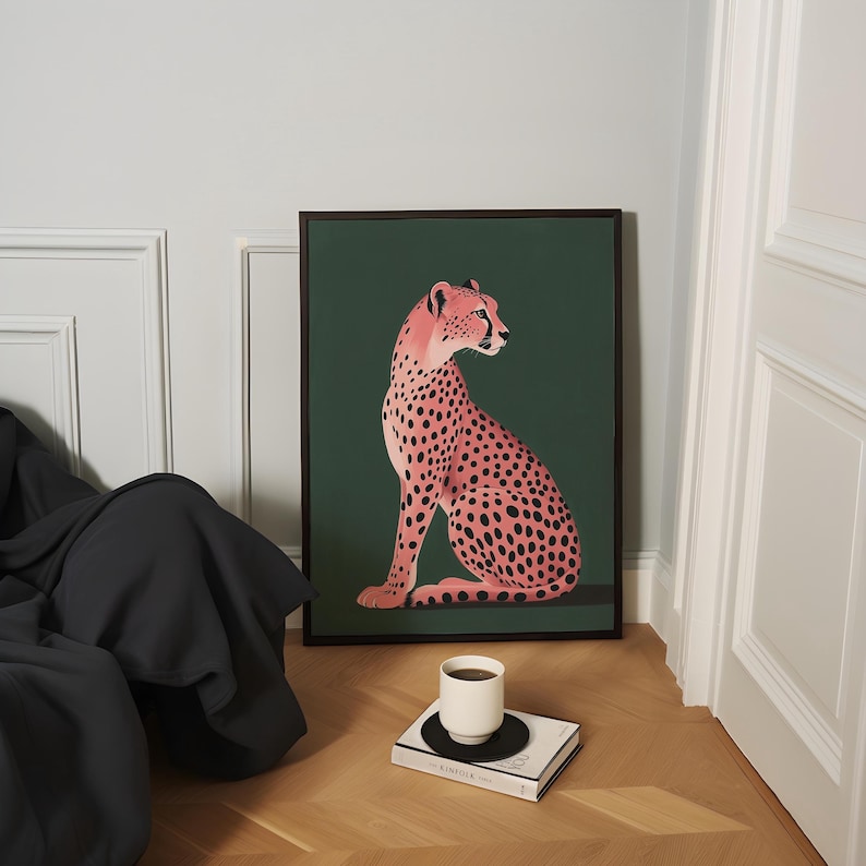 Konsttryck med rosa gepard | Grön maximalistisk heminredning (digital nedladdning) bild 5