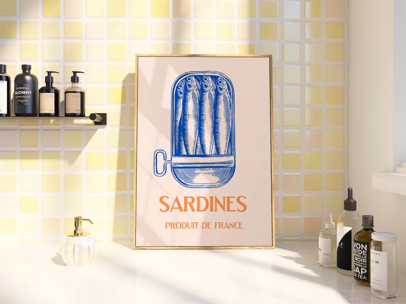 Vintage Sardines Wall Art, French Kitchen Poster, Retro Food Illustration, Blue Nautical Pantry Decor (Digital Download) image 10