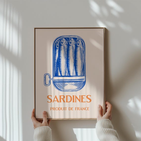 Vintage Sardines Wall Art, French Kitchen Poster, Retro Food Illustration, Blue Nautical Pantry Decor (Digital Download)
