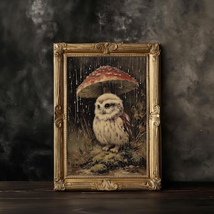 Brown Owl Under The Mushroom, Cottagecore Print, Bird Wall Art, Woodland Nursery Decor, Nature Aesthetic, Dark Academia Print, Whimsical Art