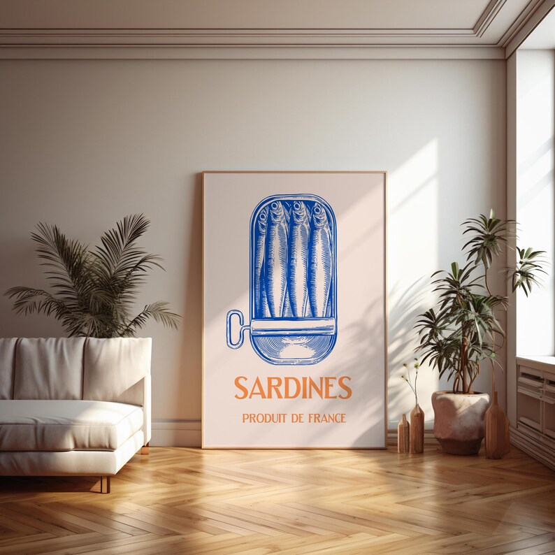Vintage Sardines Wall Art, French Kitchen Poster, Retro Food Illustration, Blue Nautical Pantry Decor (Digital Download) image 5
